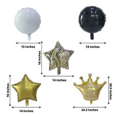 6 Gold Black White Round Crown Stars Mylar Foil BALLOONS Set Party Decorations