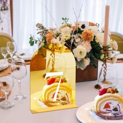 Arch Wedding Table Numbers 1-20 with Stands – 5″ X 7″ Acrylic Mirrored Gold T…