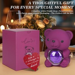 Teddy Bear Preserved Rose Gifts with 100 Languages 6 x 6 x 7.5 inches, Purple