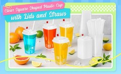 100 Pcs Square Plastic Cup with Lids and Straws 16 oz Clear Disposable Cold