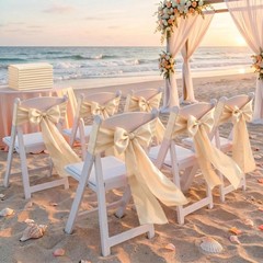 50pcs Beige Satin Sash Wedding Chair Bow, Elastic Chair Sashes S…