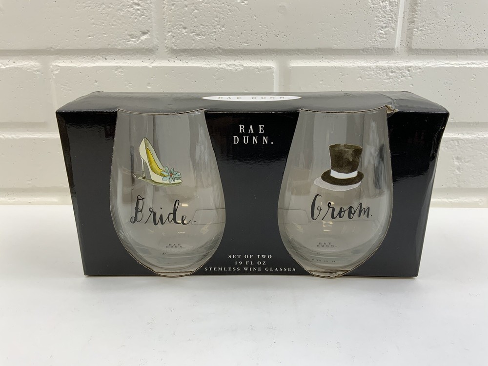 Bride & Groom Set Of 2 RAE DUNN Clear Stemless Wine Glasses Gift Set NIB