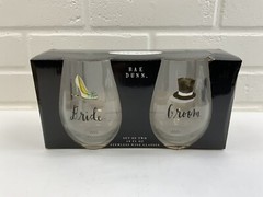 Bride & Groom Set Of 2 RAE DUNN Clear Stemless Wine Glasses Gift Set NIB