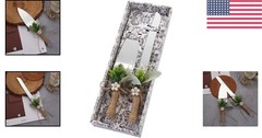 Elegant Silver Serrated Wedding Cake Knife and Serving Shovel with Green Leaf