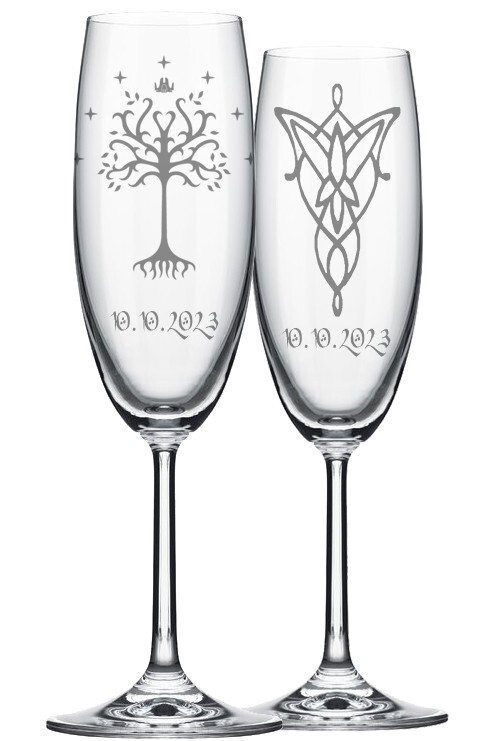 Tree of Gondor Evenstar- Personalized Wedding Champagne Flutes -Set of 2 glasses