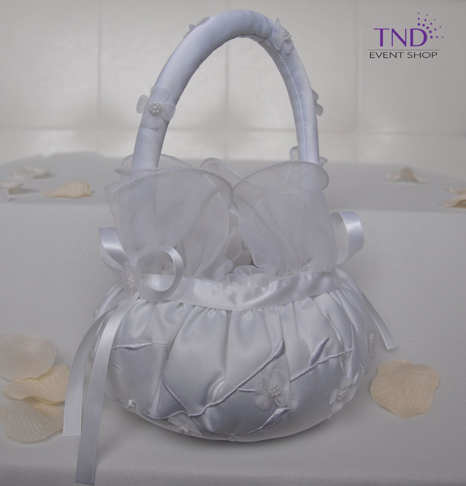 WEDDING CEREMONY SATIN FLOWER GIRL BASKET WITH ORGANZA FLOWERS AND PEARL CENTERS