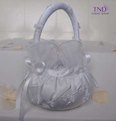 WEDDING CEREMONY SATIN FLOWER GIRL BASKET WITH ORGANZA FLOWERS AND PEARL CENTERS