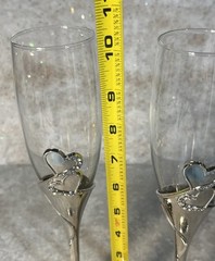 Studio His & Hers Toasting Glasses Silver Tone W/ Hearts Rhinestones EUC 10.25”