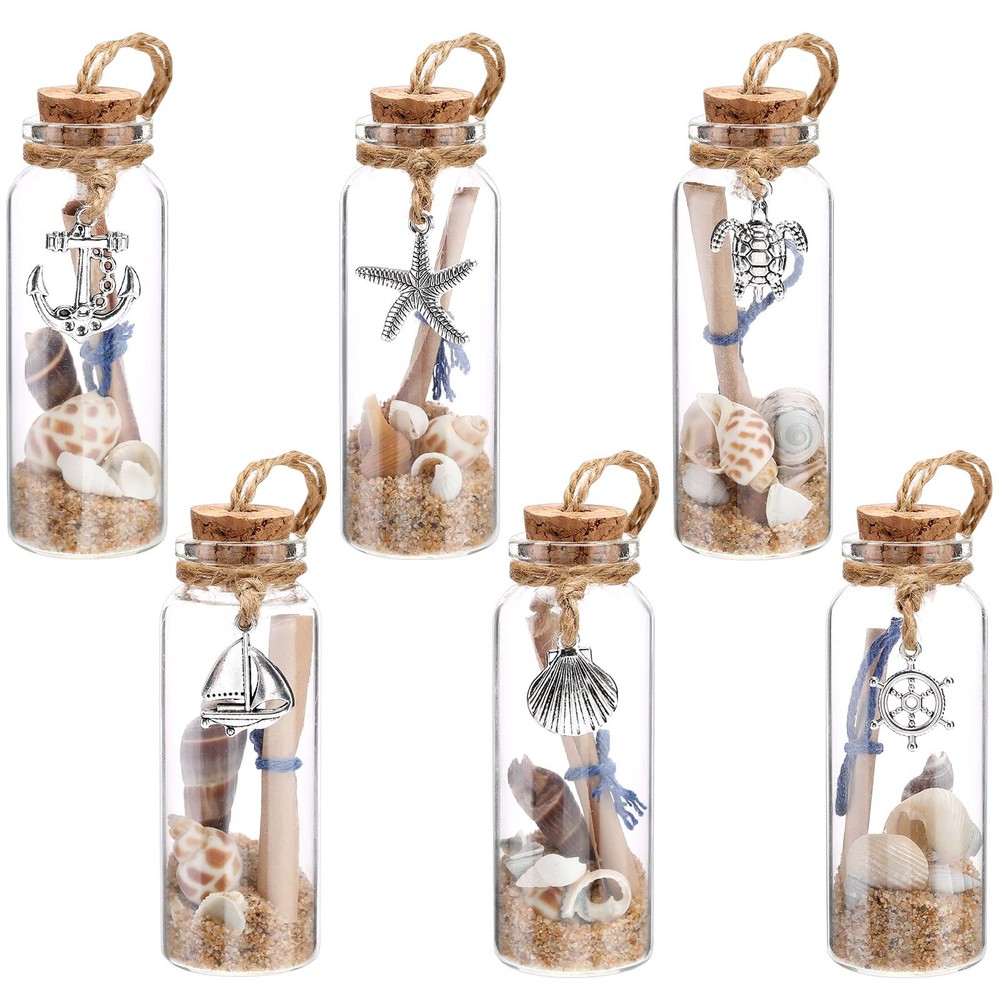 Qunclay 6 Pcs Coastal Beach Ornaments Nautical Glass Message Bottle Clear