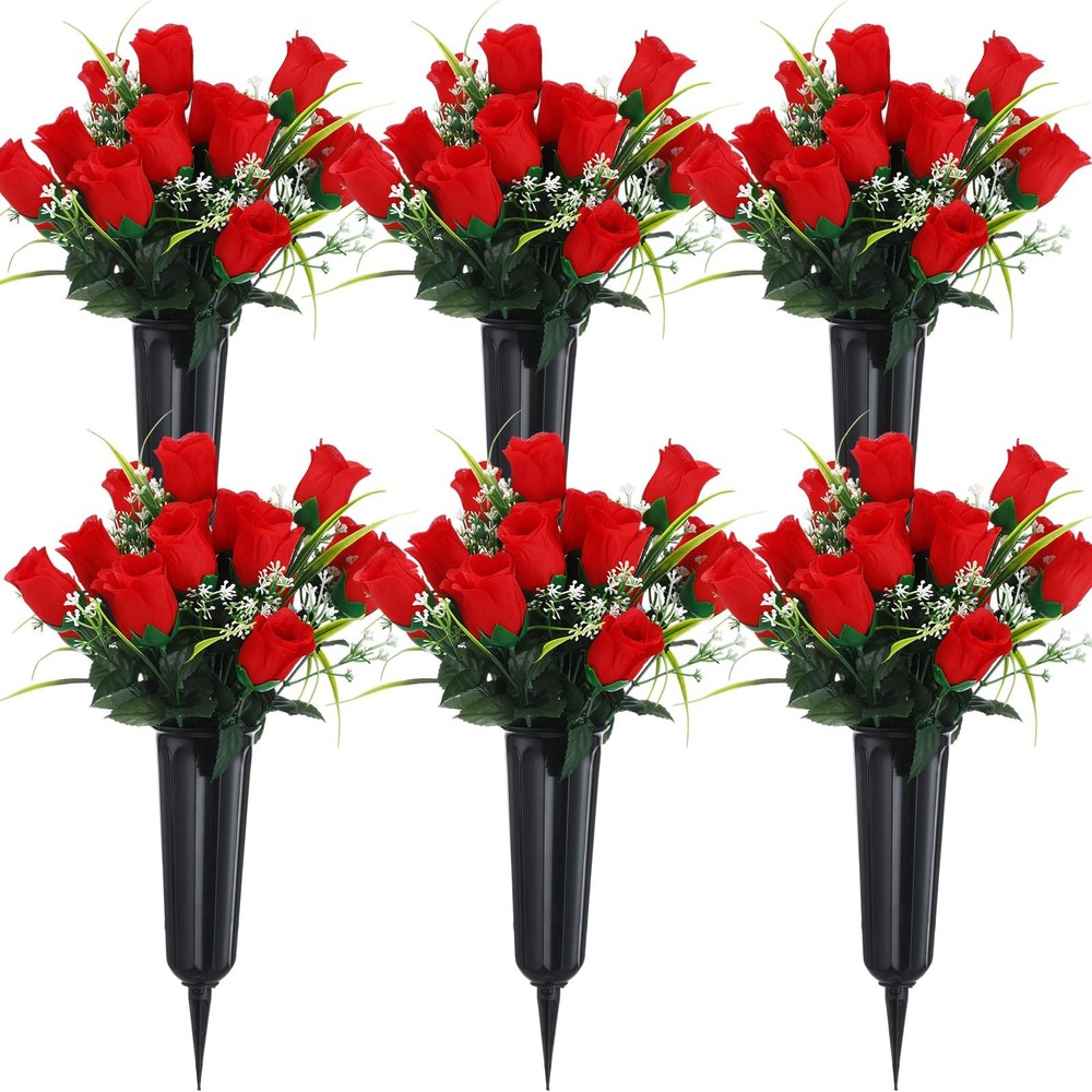 Tigeen 6 Sets Father’s Day Cemetery Flowers with Grave Vase 12 Bunches Red