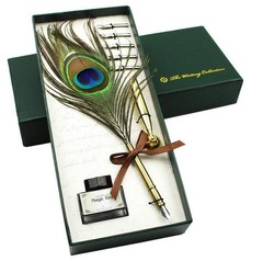 Peacock Feather Pen Set Antique Calligraphy Writing Quill Ink Dip Pen with Ho…