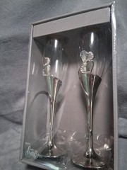 Wedding Champagne toasting Flutes His and Hers New In Box Set of 2 Silver