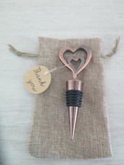 One Love, One Heart Copper Wine Bottle Stopper in Burlap Bag $25