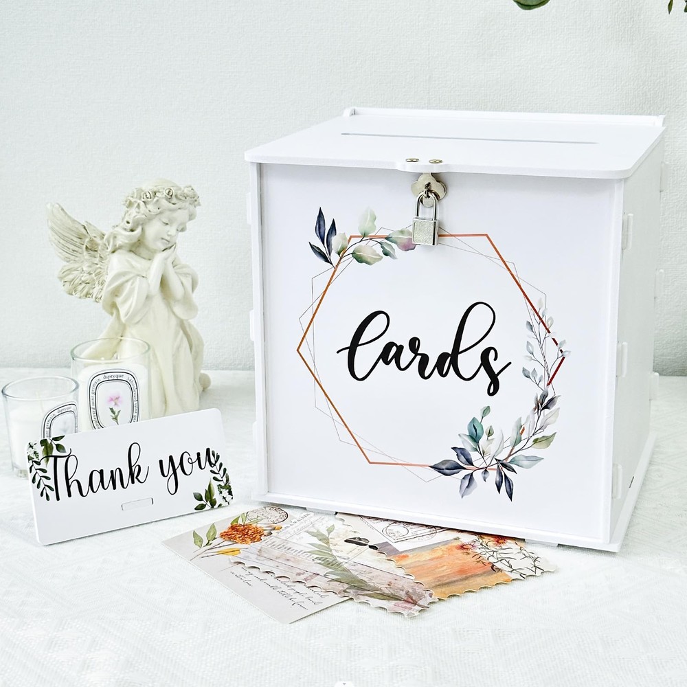 White Wedding Card Box with Lock, PVC Gift Card Box for Wedding Reception, Eu…