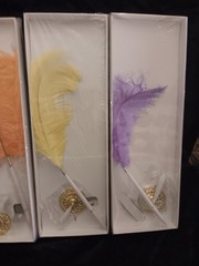 3 New Ballpoint Ostrich Feather Pen Plume Purple Yellow White Gold Stand Wedding