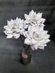 7 Handmade Paper Flowers on stems (White w/Purple tips) for Wedding, Valentine’s