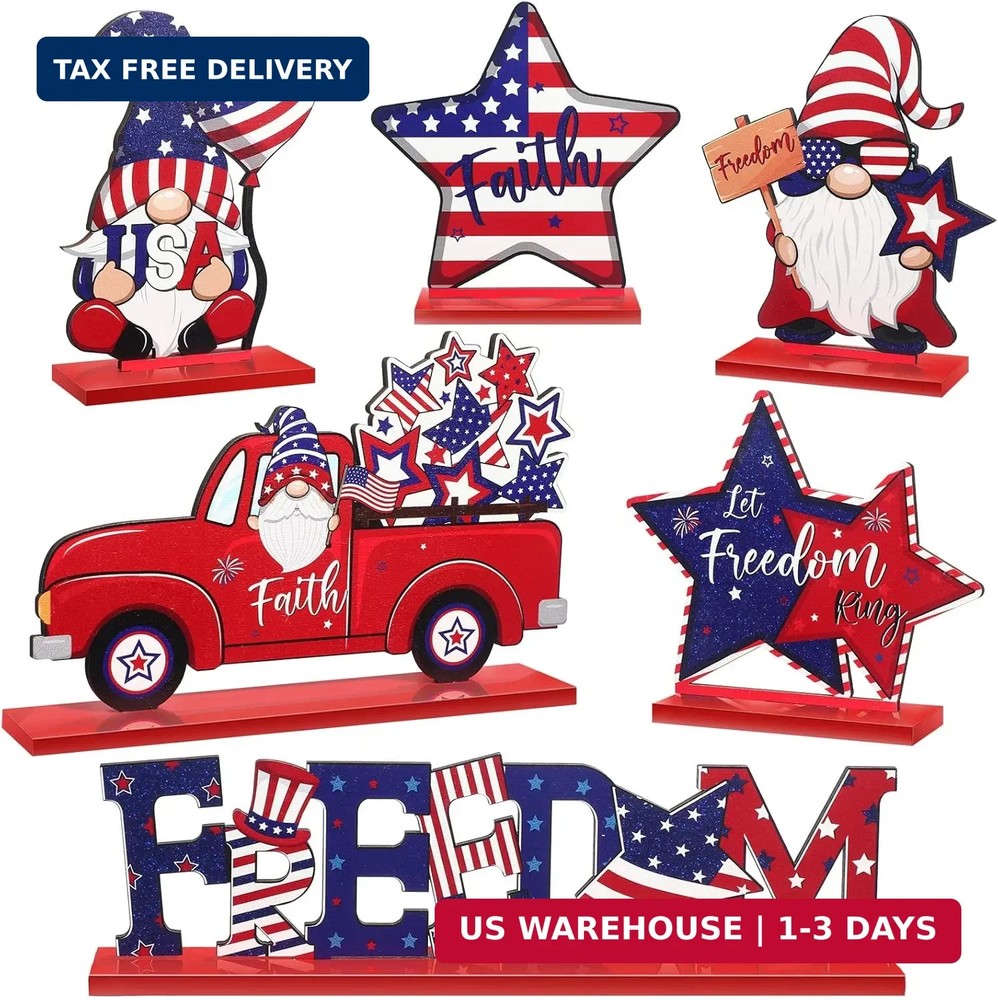 6 Pieces Patriotic Table Decor Memorial Day Table Decorations Wooden Gnome Freed
