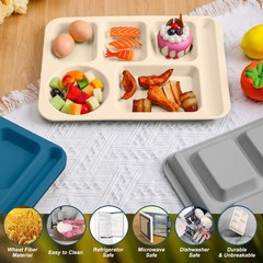 Pinkunn 8 Pcs Large 14 Inch Unbreakable Divided Plates For Kids Adults Wheat