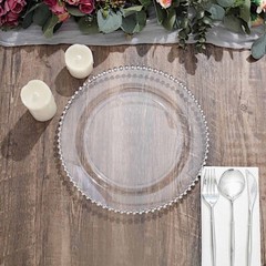 CLEAR SILVER 10 Round 10″ Plastic Salad PLATES Beaded Rim Party Events