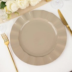 10 TAUPE 11″ Round PLASTIC Salad Dinner PLATES Gold Wavy Rim Wedding Party