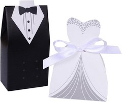 Elegant 100 Pack Wedding Favor Boxes – Tuxedo & Dress Design, White & Black
