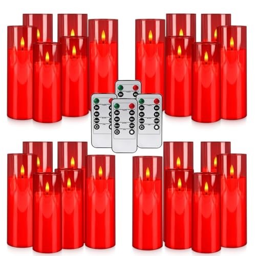 24-Pack Red Flameless LED Candles – Remote Control & Timer, 24pcs-Red Acrylic