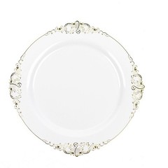 10 WHITE GOLD 10″ Round Plastic Salad Dinner PLATES Embossed Baroque Rim Party
