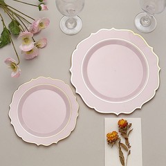 10 ROSE GOLD 8″ Round Plastic Dinner Plates GOLD Scalloped Rim Events Wedding