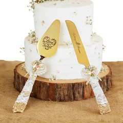 Wedding Cake Knife and Server Set – 10.83″ Serrated Knife & 9.84″ Server Gold