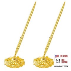 Jiebor 2Pcs Wedding Pen and Metal Pen Stand Holder Set Signing Desk Gold