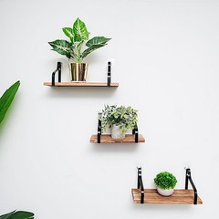 3 NATURAL Rectangular Metal Wood FLOATING SHELVES Living Room Home Decorations