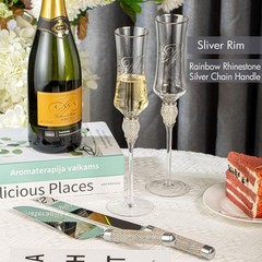 Wedding Cake Knife and Server Set with Rhinestone Champagne Flutes Gift Set