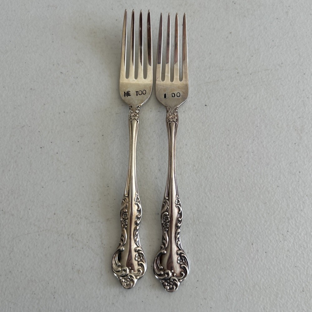 New 18/10 Reed & Barton Gold 2 piece Fork Set WEDDING / Engraved I Do and Me Too