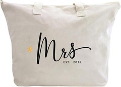 Stylish Bridal Shower Gift: Mrs. 2025 Cotton Canvas Shoulder Bag with Zipper