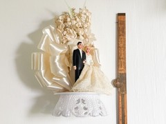 Vintage ‘60s Bride & Groom Cake Topper–Cotton Flowers, Ribbon, Lace, Plastic