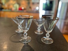 PLATINUM TRIM 4 STEMS PAIR OF 2 MARTINIS & 2 WINE GLASSES UNIQUE STEM EX COND