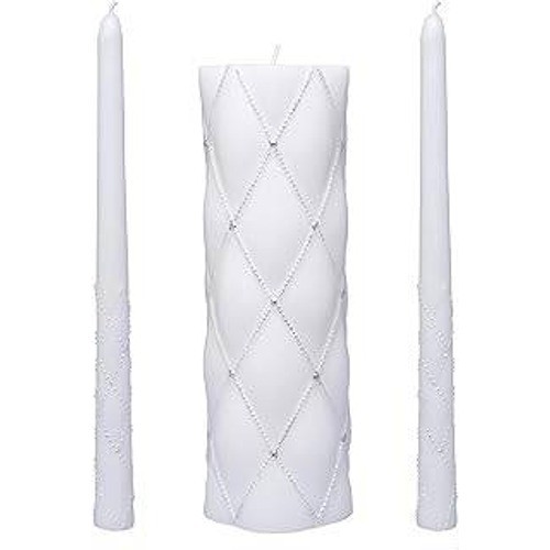 White Silver Glitter Lattice Unity Candle Set 3pc Wedding Ceremony Rhinestone