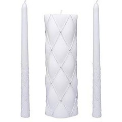 White Silver Glitter Lattice Unity Candle Set 3pc Wedding Ceremony Rhinestone