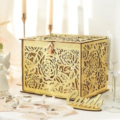 Glittery Gold Wedding Card Box with Lock Wooden Gift Card Box for Wedding Rec…
