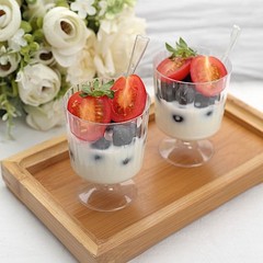 24 Clear 5 oz Ribbed Round Plastic Dessert Cups Spoons Set Party Events Supplies