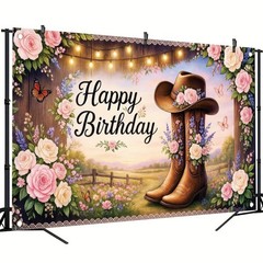 Western Cowgirl Birthday Backdrop Banner Country Boot Hat Floral Glitter Brow…