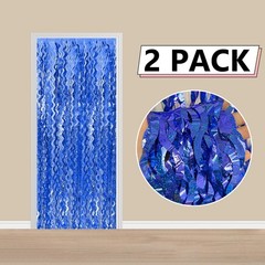 2 Pack Navy Blue Wavy Foil Fringe Curtains, 3.3×6.6 Ft Metallic Tinsel Wavy B…