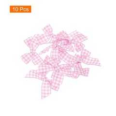 10Pcs Mini Gingham Ribbon Bow 1.5″ Checkered Fabric Satin Pink and White
