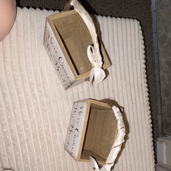 2 Wood Wedding Flower Baskets w/ Handles & White Bows Here Comes Bride