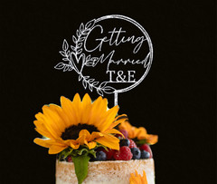 Minimalist Chic Script Wedding Cake Topper, Acrylic Cake Topper w/ Rustic Wreath