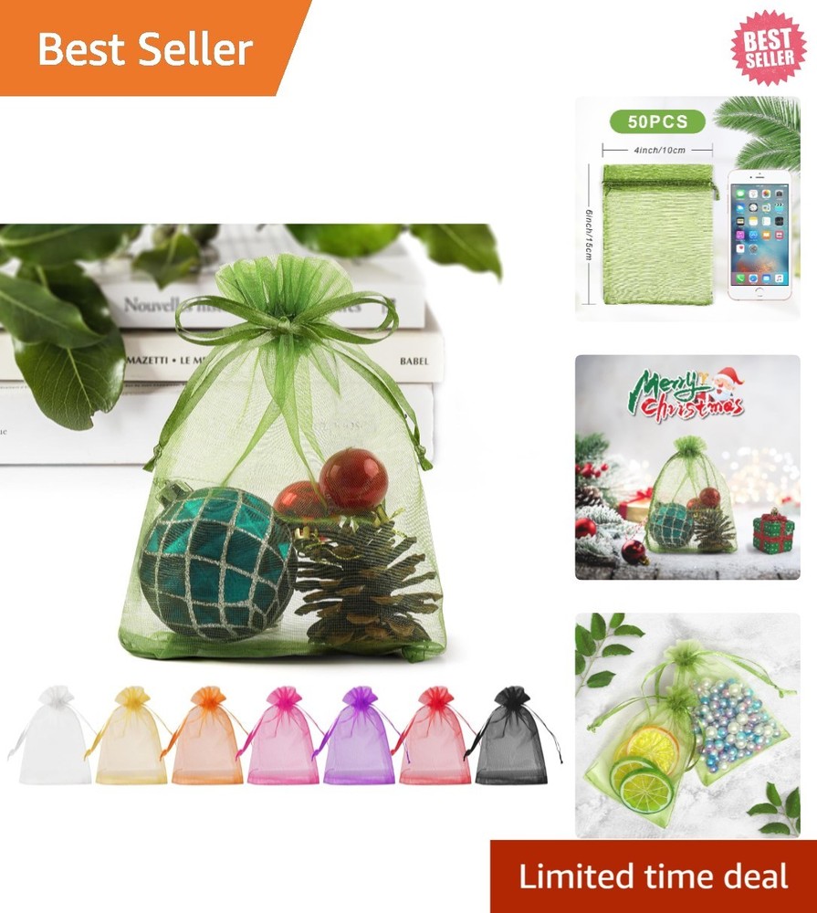 Elegant Green Organza Bags 4×6 – 50 Pack Drawstring Pouches for Any Occasion