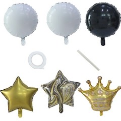 6 Gold Black White Round Crown Stars Mylar Foil BALLOONS Set Party Decorations