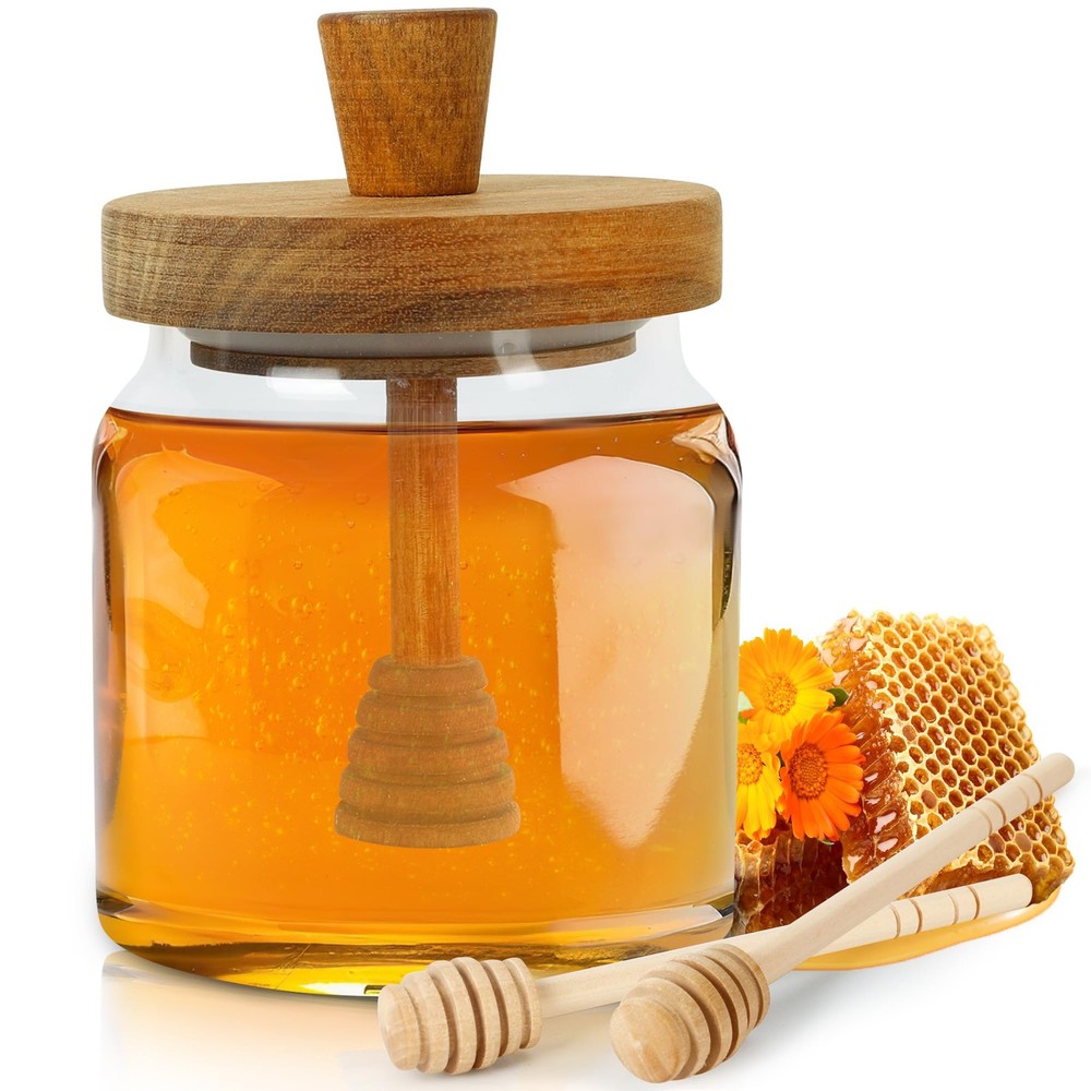 Loscarol Honey Pot with Dipper and Lid – 18oz Glass Jar Transparent