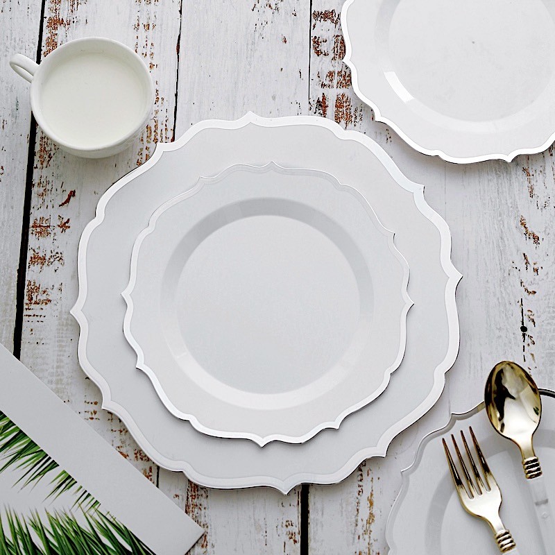 20 WHITE 8″ Round Plastic Dinner Plates SILVER Scalloped Rim Events Wedding
