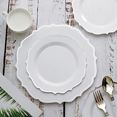 20 WHITE 8″ Round Plastic Dinner Plates SILVER Scalloped Rim Events Wedding